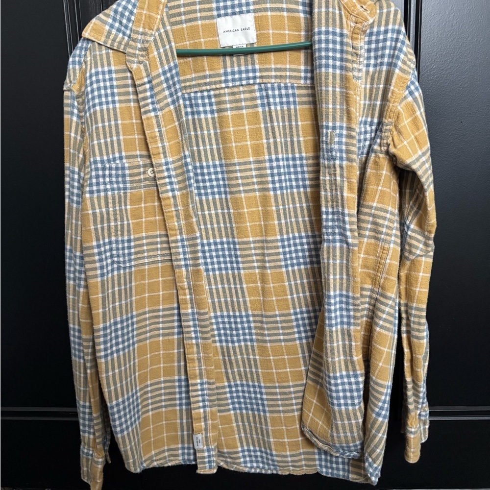 American Eagle Outfitters Men's Mustard and Blue Checkered Shirt